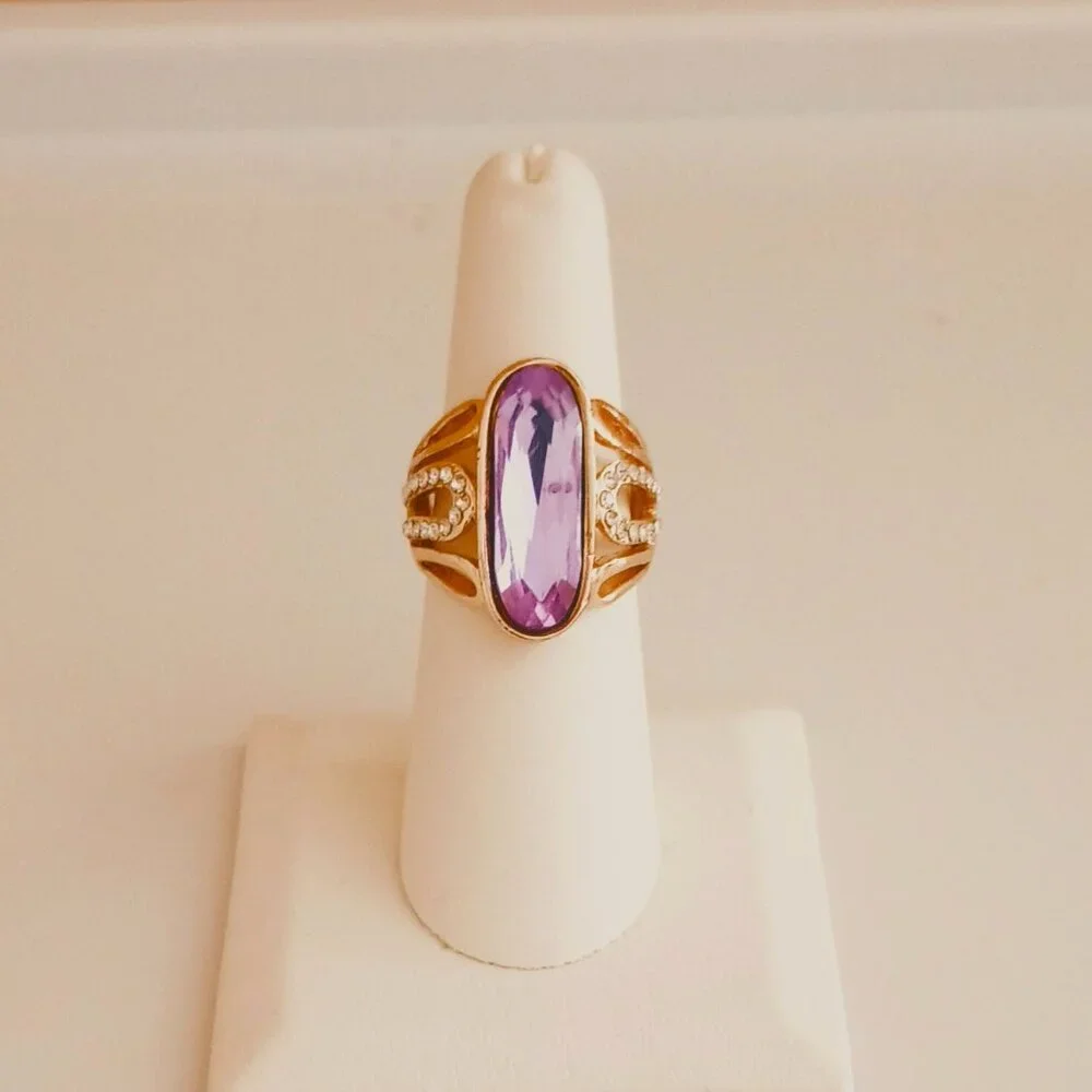 Gold Tone Purple Oblong Ring 6.5 Open Work Jewelry with Side Pave Stones